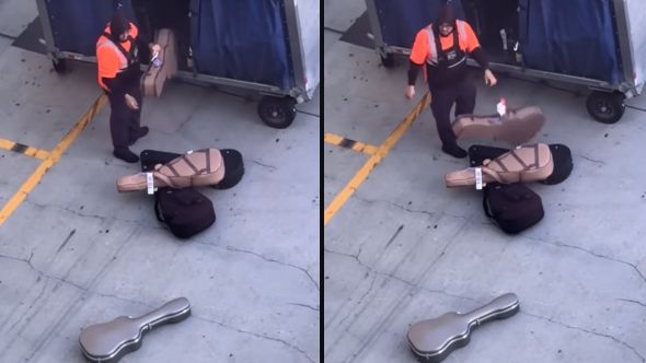 Baggage Handler Tossing Guitar Cases at LAX